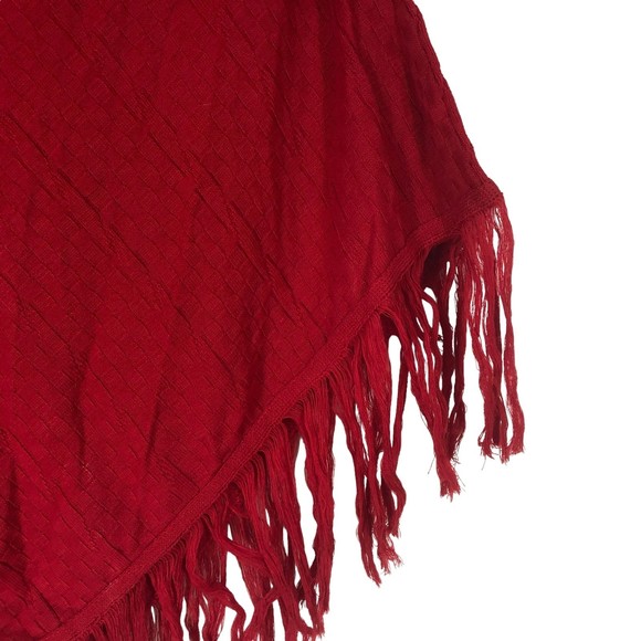 Lipstick Red Basketweave Knit Poncho Sweater w/Chunky Fringe, Cowl Neck sz OS - Picture 6 of 7